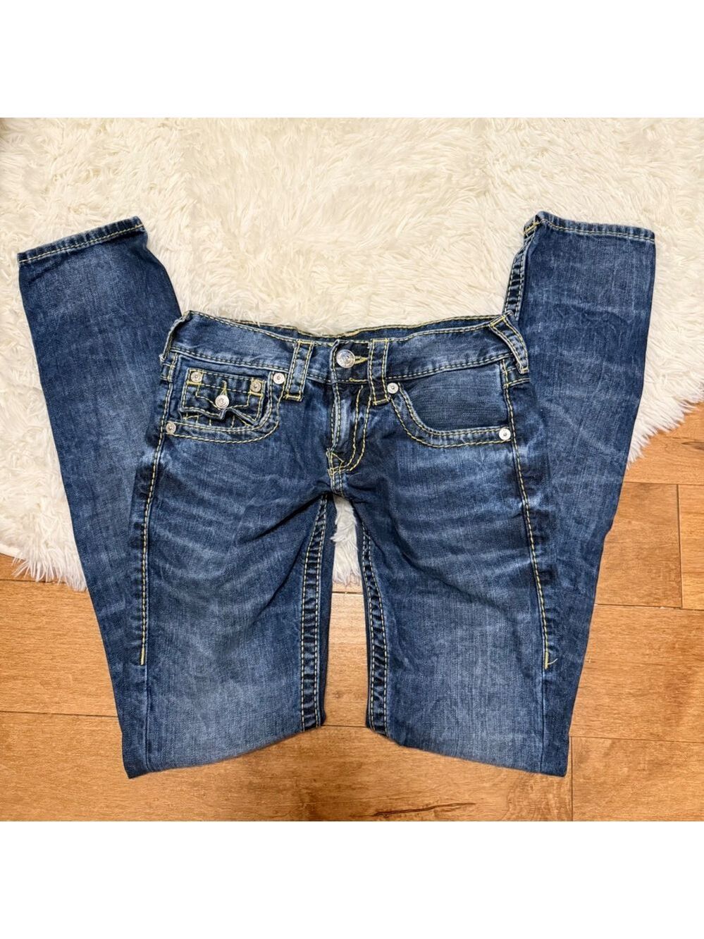 True Religion Skinny Jeans Yellow Super T Stitching Dark Wash Y2K Mens Size 28
